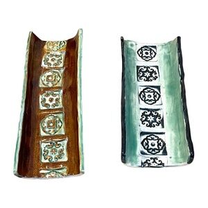 Handmade Signed‎ Rectangle Brown Turquoise Ceramic Cracker Dish